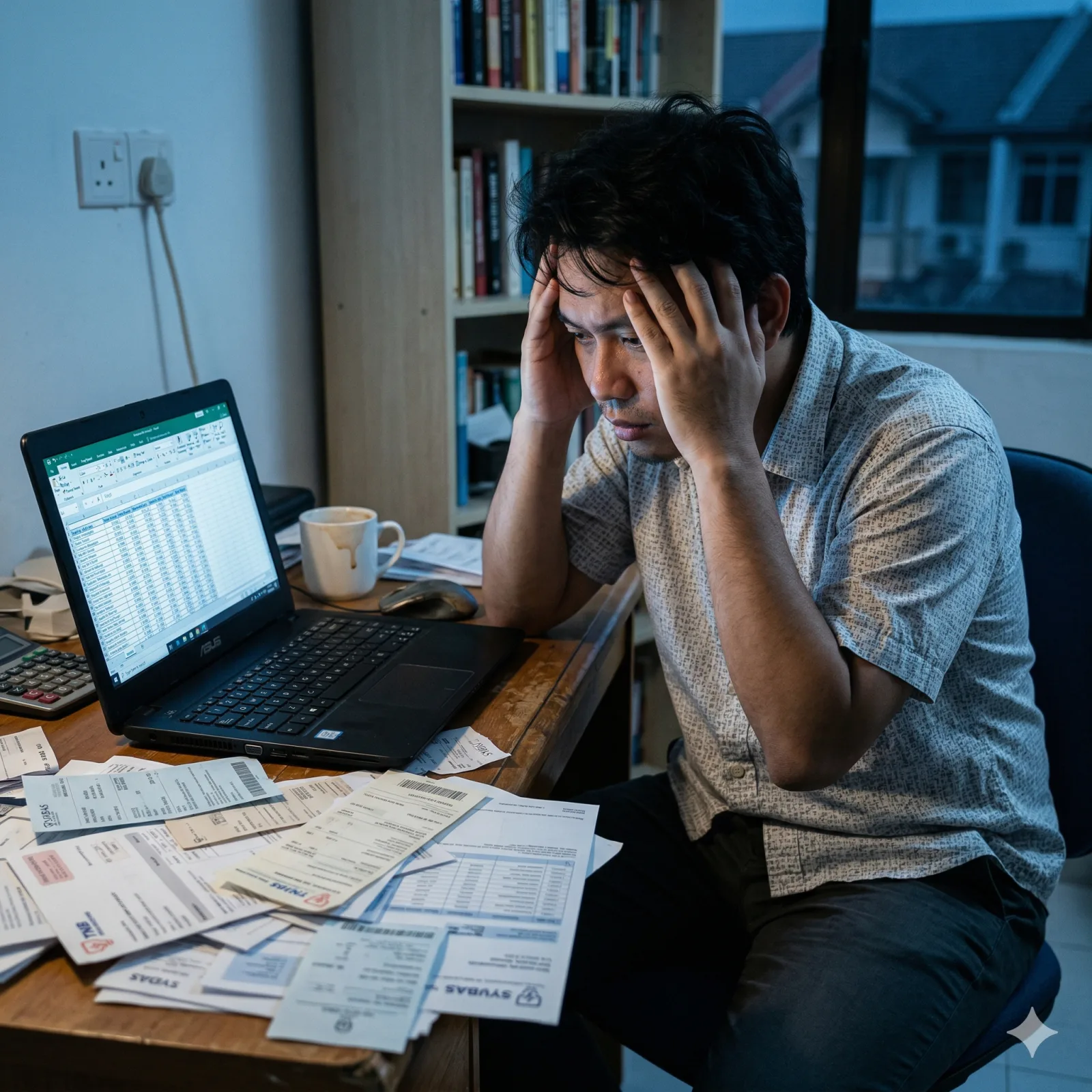  A stressed Malaysian man sitting at a desk with paper bills, looking at an Excel spreadsheet on his laptop. He is holding his head, showing the stress of manual property management.