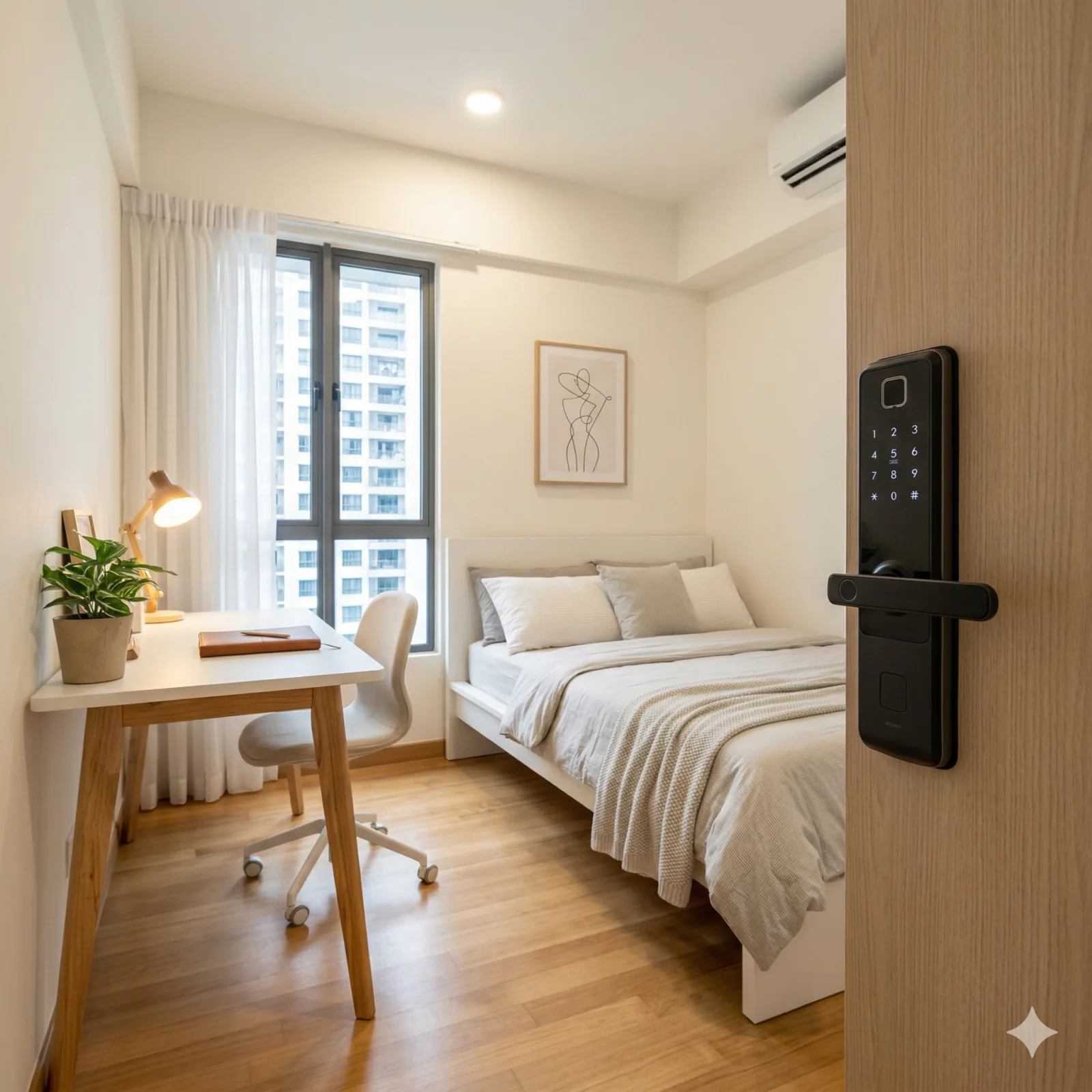A beautifully renovated, clean, and minimalist sublet room in Malaysia. The room features a modern bed, a clean study desk, and bright LED lighting. The door has a modern digital smart lock installed, showing a premium living space.