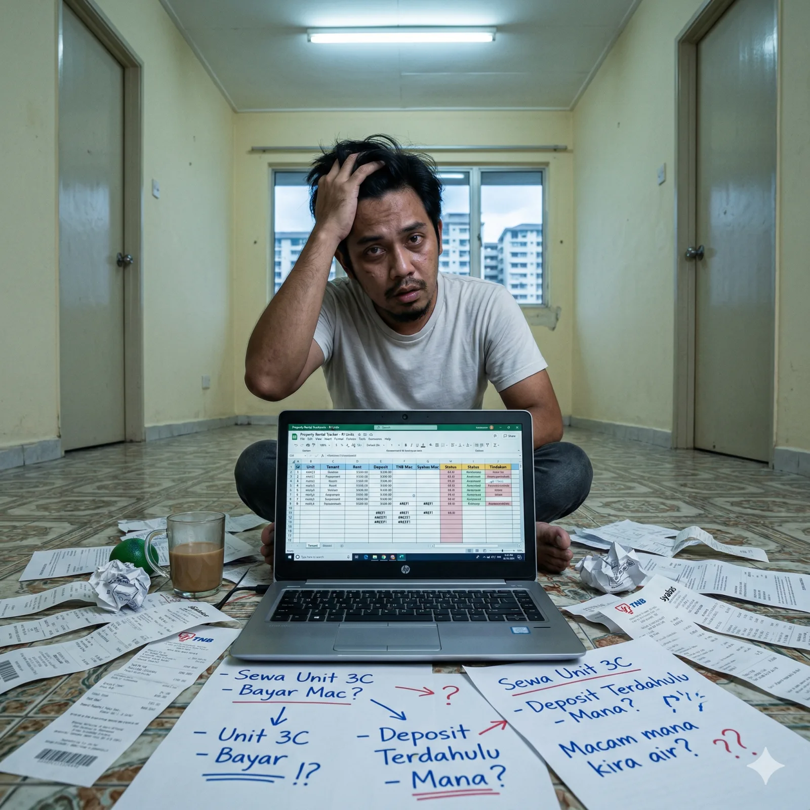 A stressed beginner landlord sitting on the floor surrounded by messy paper receipts and an open laptop with a confusing spreadsheet. The lighting is slightly cool, showing the confusion of starting without a proper system.