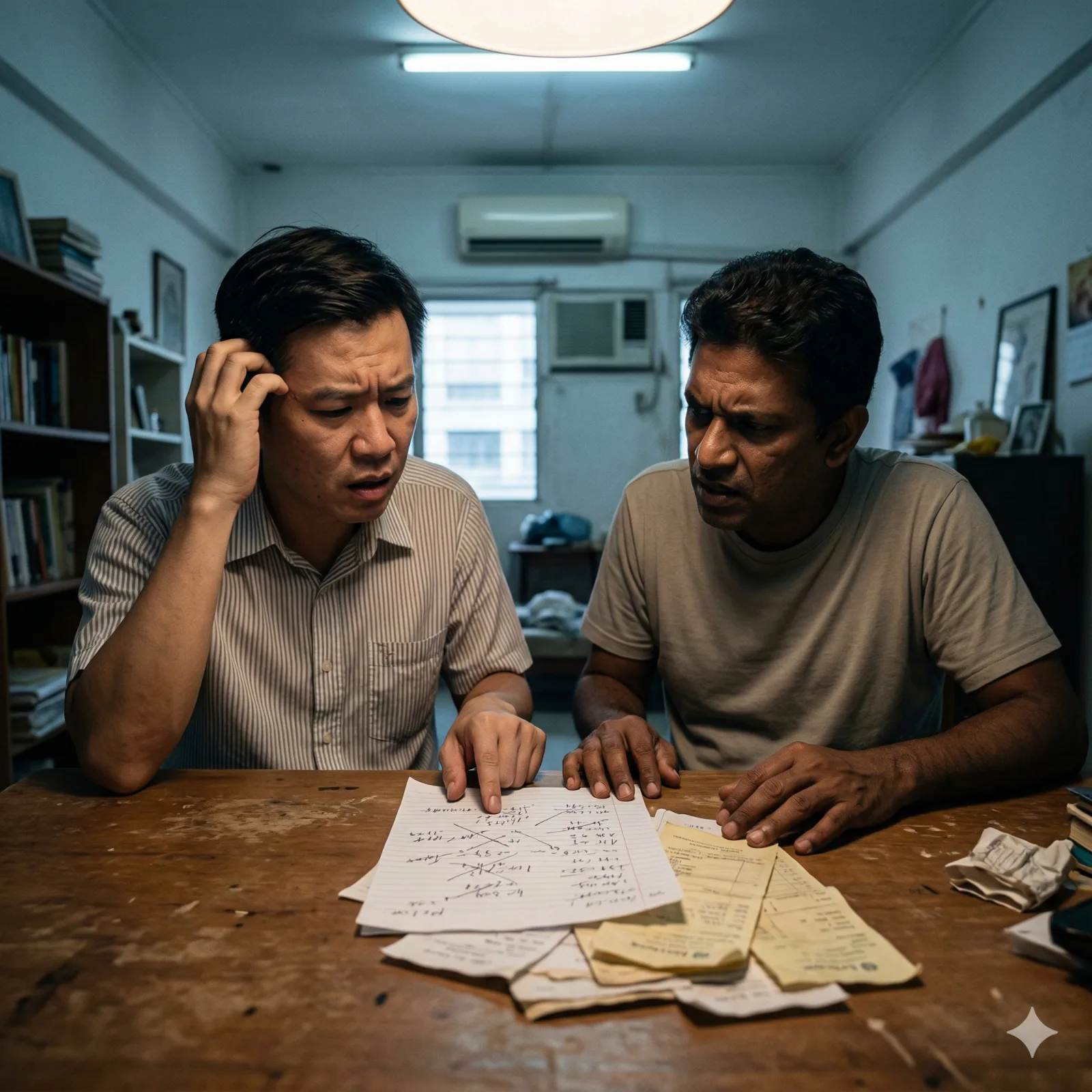 A frustrated Malaysian landlord and a tenant looking at a messy piece of paper with hand-written calculations. The lighting is slightly cool, highlighting the confusion and stress of manual deposit deductions.