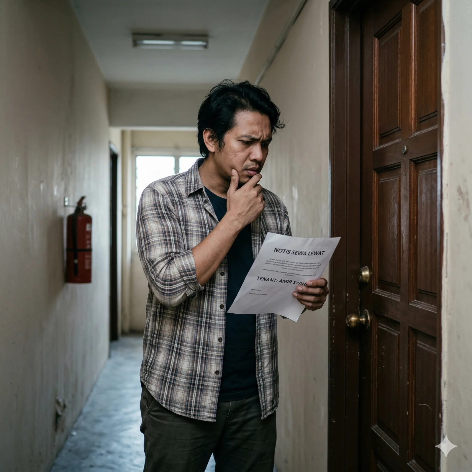 A confused Malaysian landlord standing outside a closed bedroom door, holding a piece of paper and looking worried. The lighting is slightly cool, highlighting the stress and uncertainty of dealing with a ghost tenant manually.