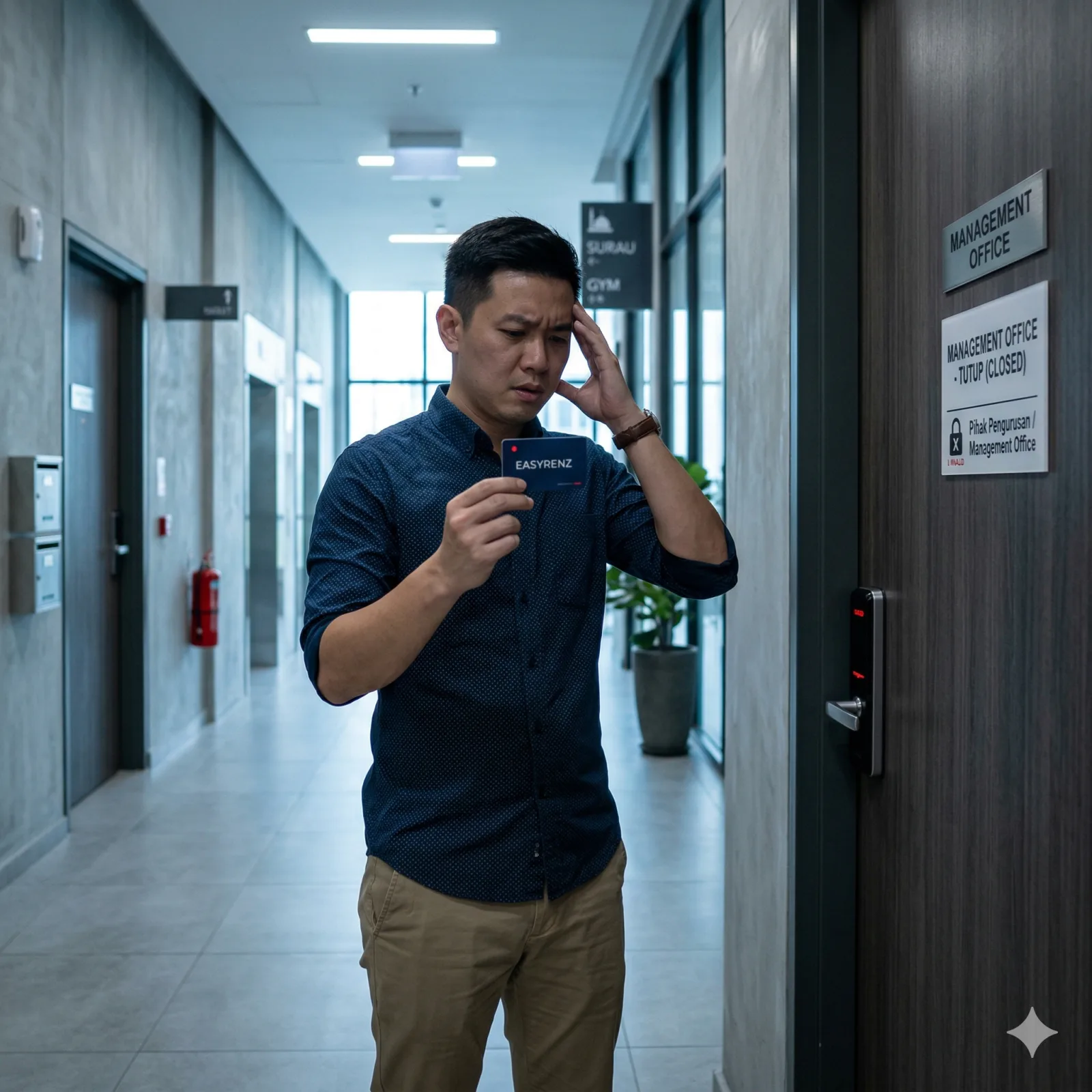 A frustrated Malaysian landlord holding a deactivated condo access card, standing in front of a closed management office door. The lighting is cool and blue, highlighting the stress of management disputes.