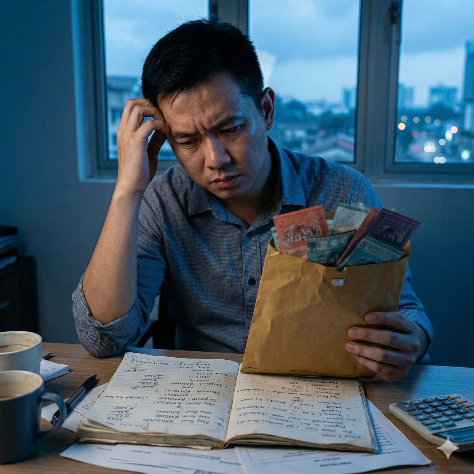 A stressed landlord holding a large envelope of cash and looking worriedly at a messy handwritten notebook. The lighting is cool and blue, highlighting the risks of manual cash management.