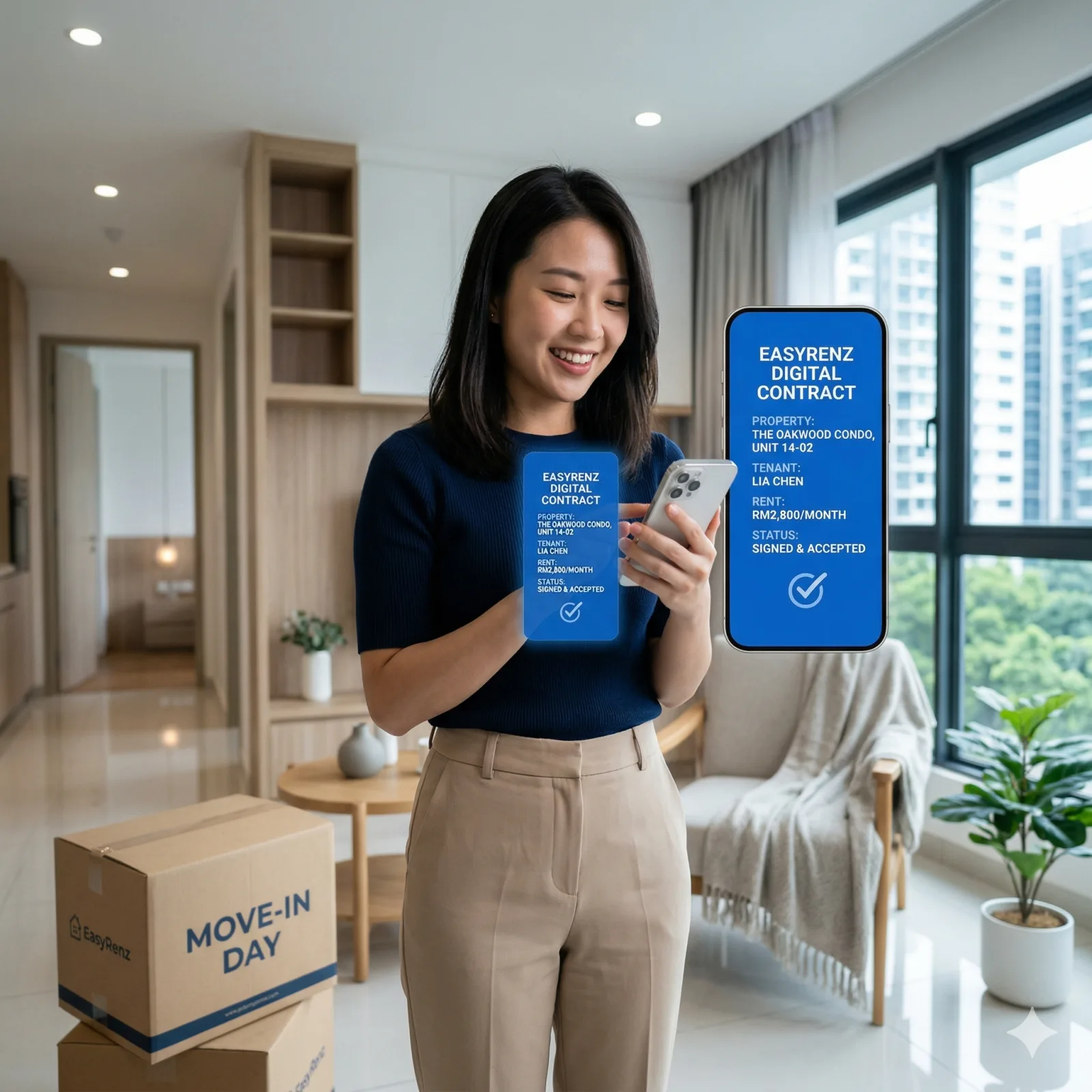 A premium tenant holding a smartphone, looking impressed by the clean, digital contract on the EasyRenz app upon moving into a high-end room. The lighting is bright and cool, showing professionalism and trust.