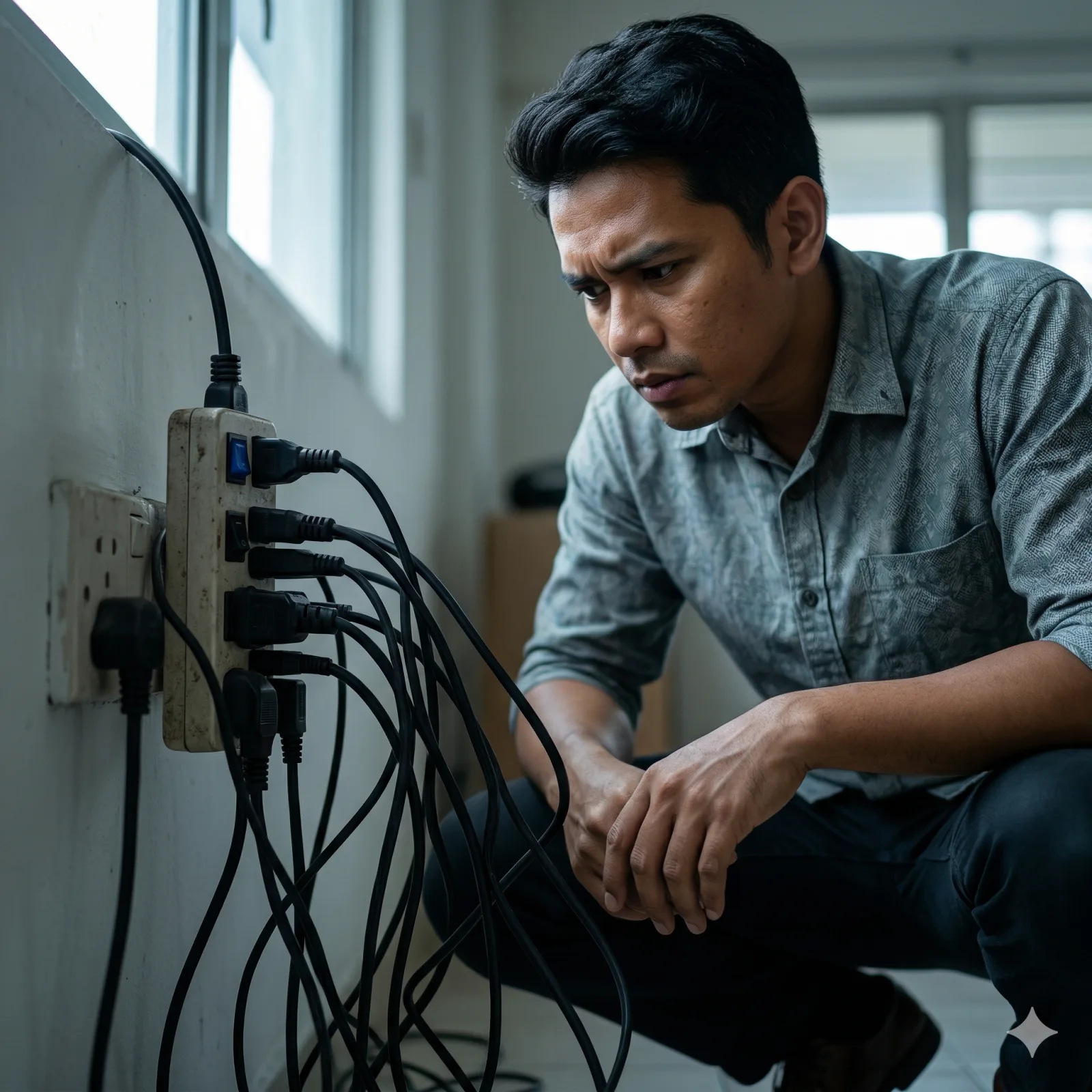 A worried Malaysian landlord looking at a thick, messy extension cord plugged into a wall socket. The lighting is slightly cool and muted to show concern about electrical safety and overloading. No red or fire elements, just realistic concern.
