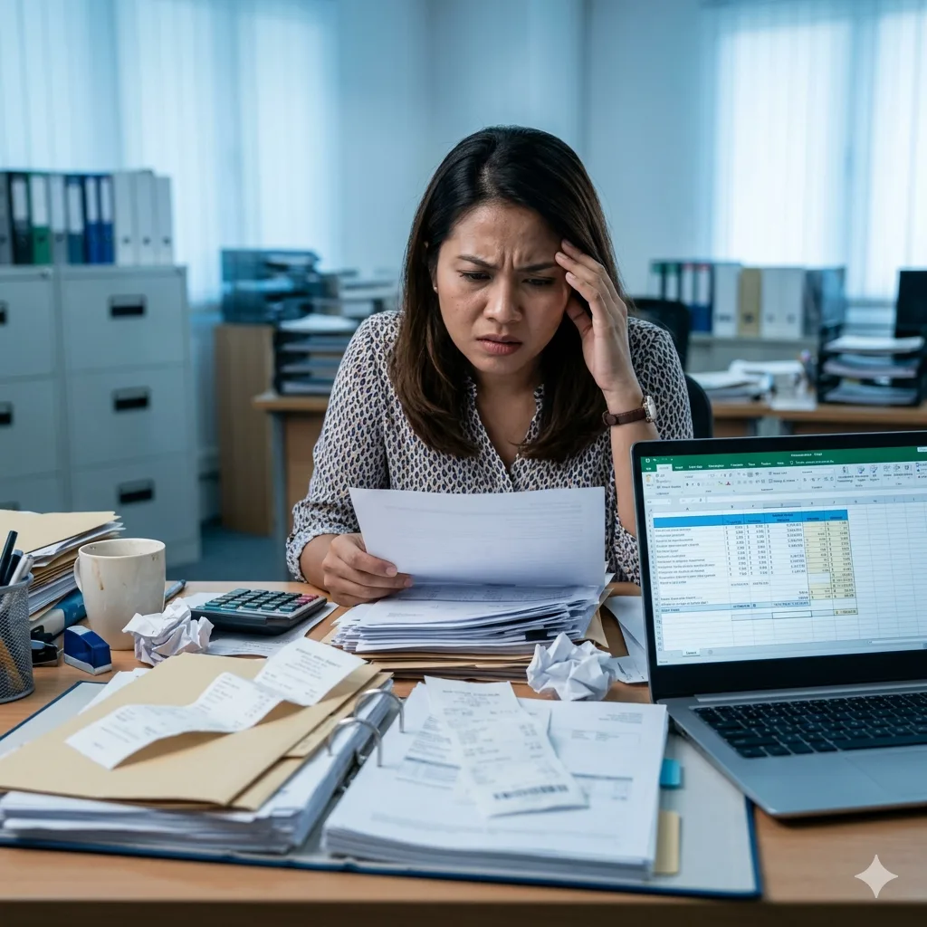 A Malaysian female property manager looking stressed and confused while surrounded by paperwork and an open laptop showing a complicated Excel sheet. The lighting is a cool blue tone, emphasizing the burden of manual tax compliance.