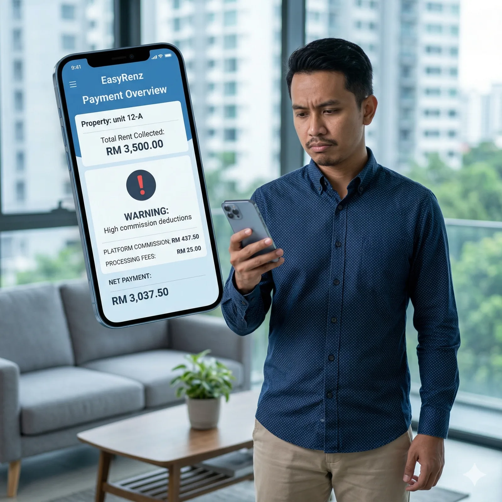 A Malaysian landlord looking at a smartphone screen displaying high commission fee deductions, showing a slight expression of dissatisfaction. The background is a clean, modern apartment interior.