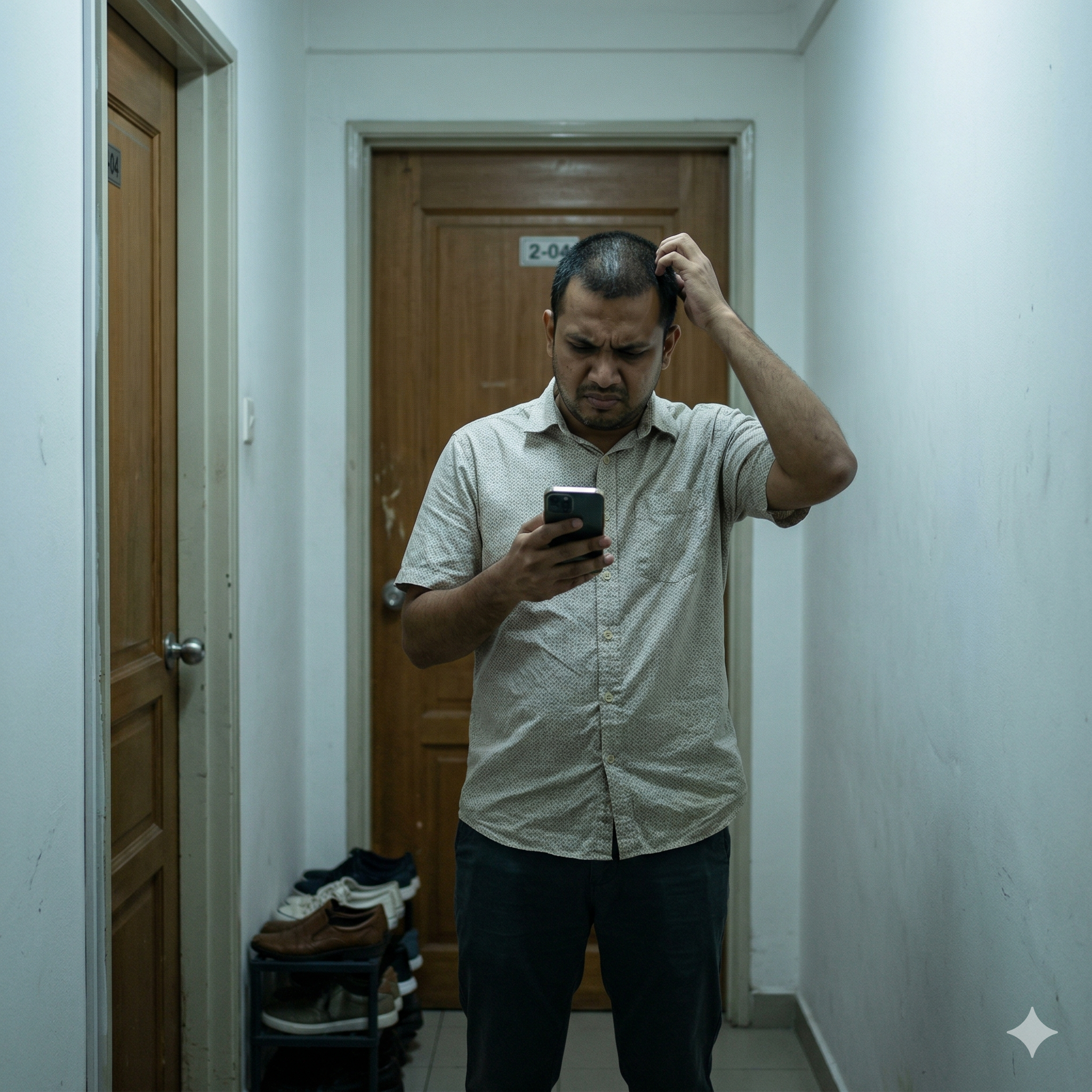 A frustrated Malaysian landlord looking at a smartphone showing a 'Payment Overdue' notification from a generic app, standing outside a closed bedroom door. The lighting is slightly cool, emphasizing the helplessness of having software but no physical control over the room.