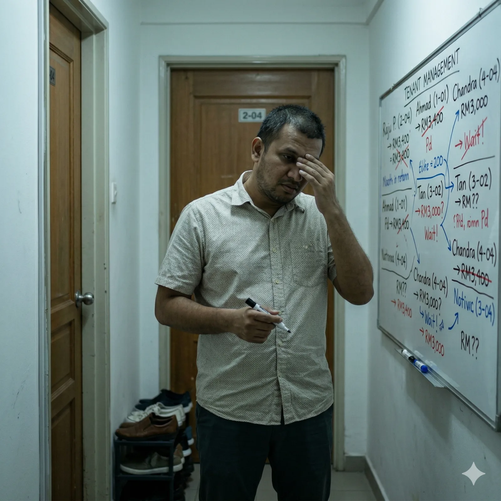 A stressed Malaysian landlord looking at a whiteboard full of confusing tenant names and rent amounts. The lighting is cool and slightly blue, highlighting the chaos and limitations of trying to scale a business using manual tracking methods.