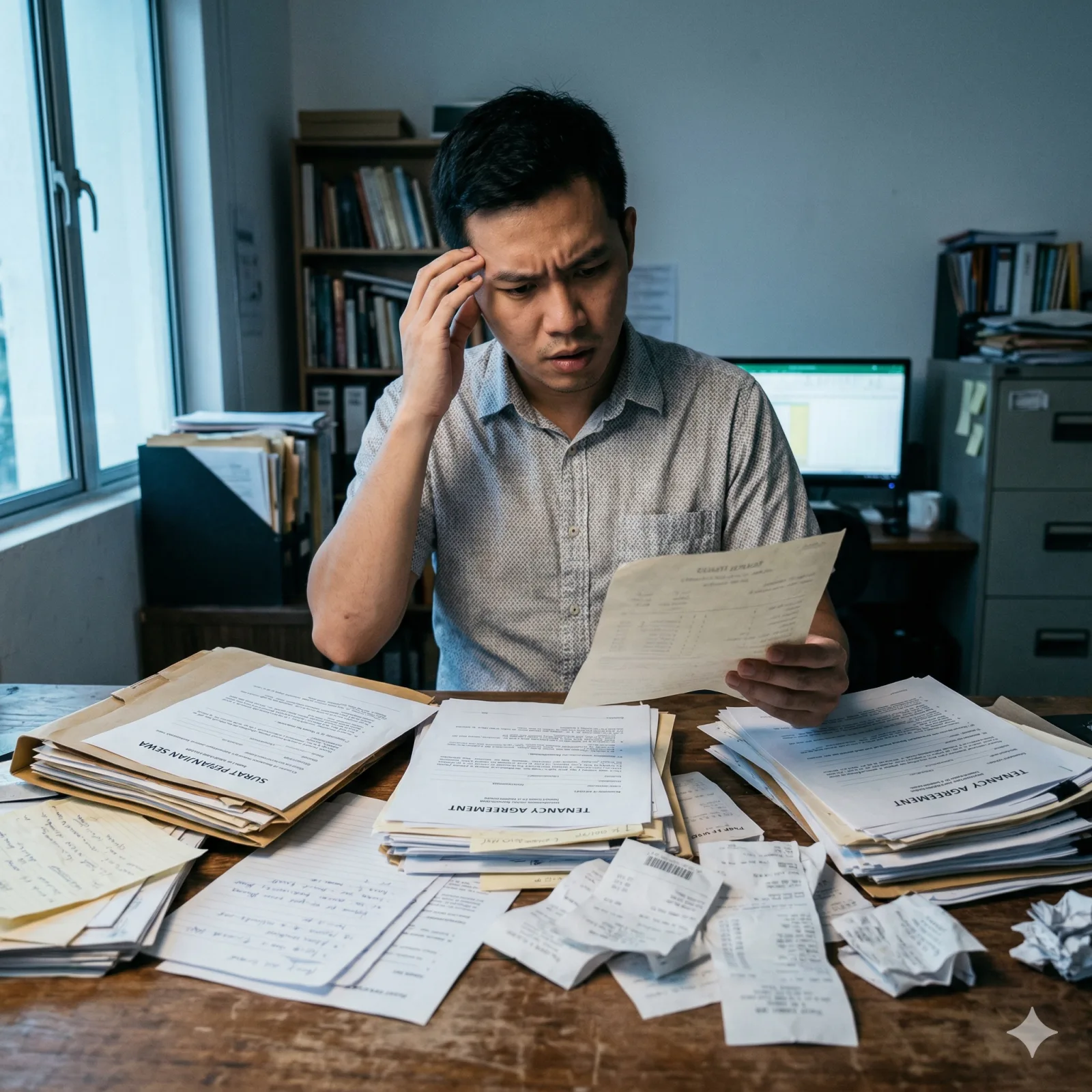 A stressed Malaysian landlord searching through a messy pile of paper folders and old documents on a desk, trying to find a lost tenancy agreement. The lighting is cool and blue, showing the anxiety of manual paperwork.
