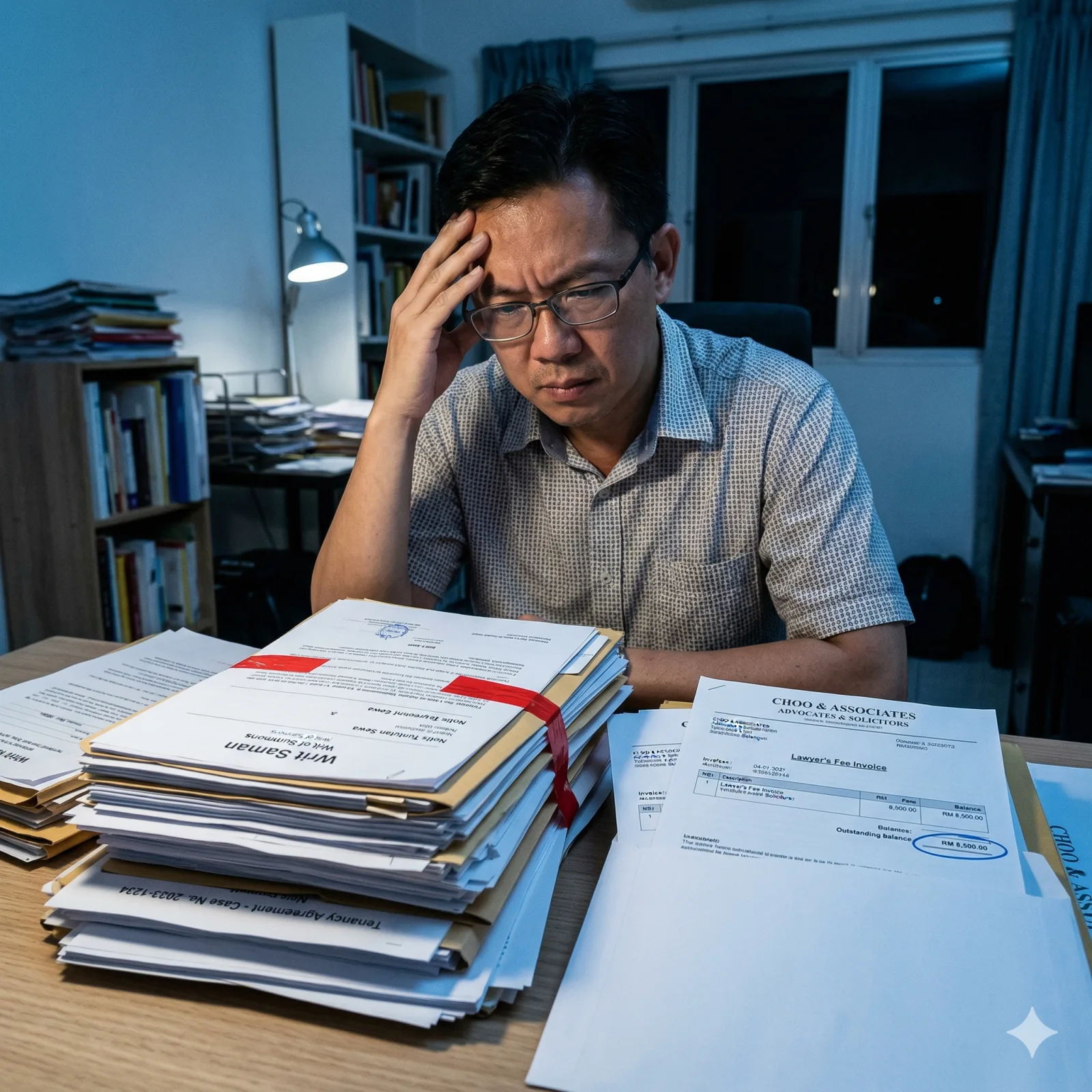 A frustrated Malaysian landlord looking at a thick stack of legal documents and expensive lawyer bills on a desk. The lighting has a cool blue tone, emphasizing the high cost and mental stress of taking a tenant to court.