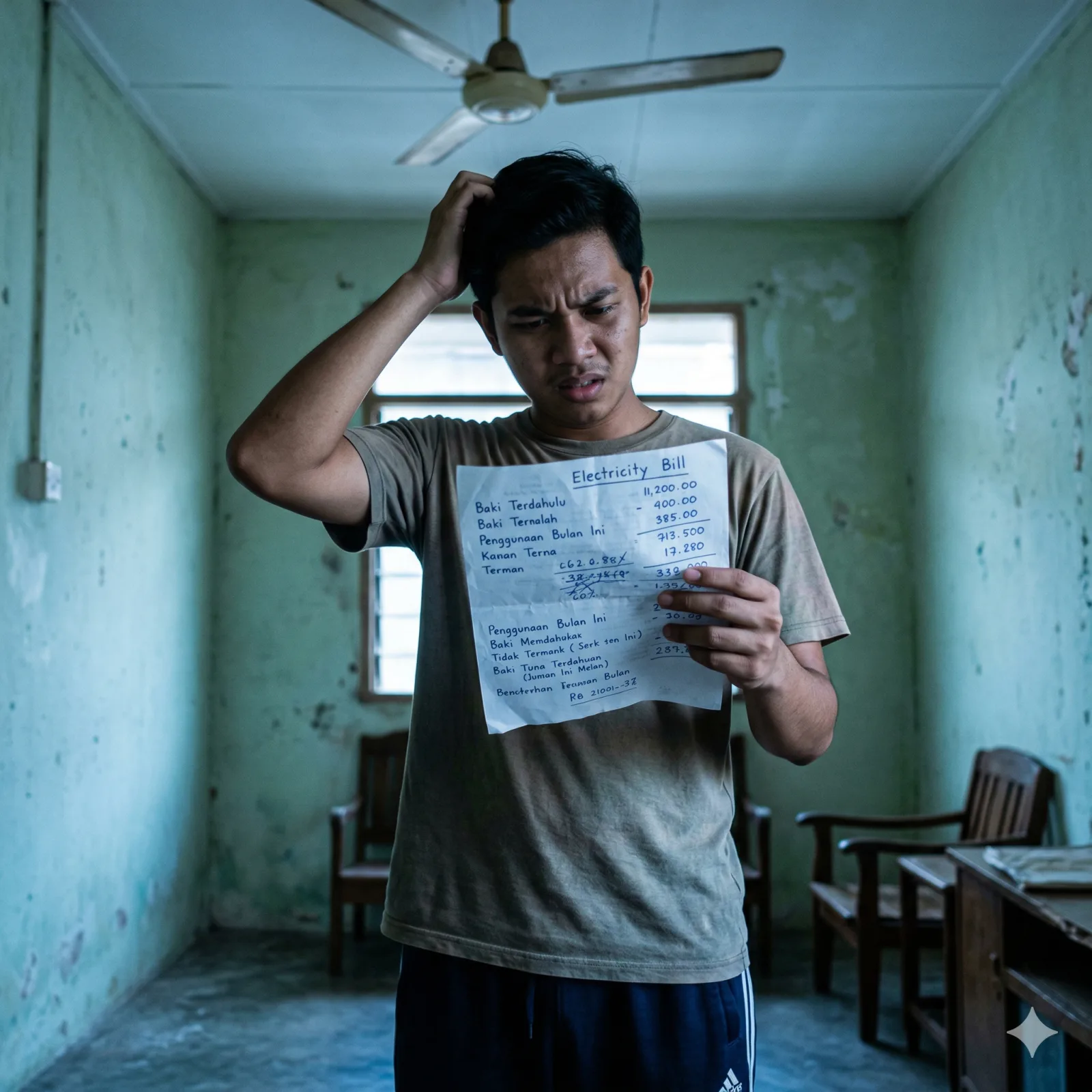 A young Malaysian student looking confused and unhappy while holding a hand-written paper bill for electricity, standing in a traditional room. The lighting is slightly cool, highlighting the frustration of unclear, manual billing methods.