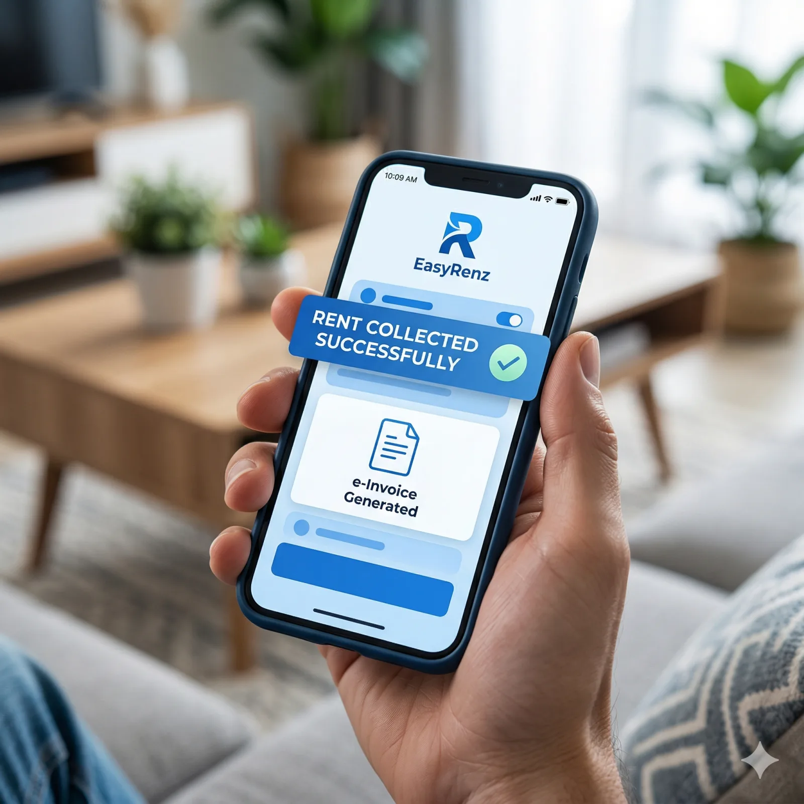 A close-up of a smartphone screen held by a person. The screen displays a pure blue EasyRenz app interface showing 'Rent Collected Successfully' and an 'e-Invoice Generated' notification. It conveys high tech, safety, and efficiency.