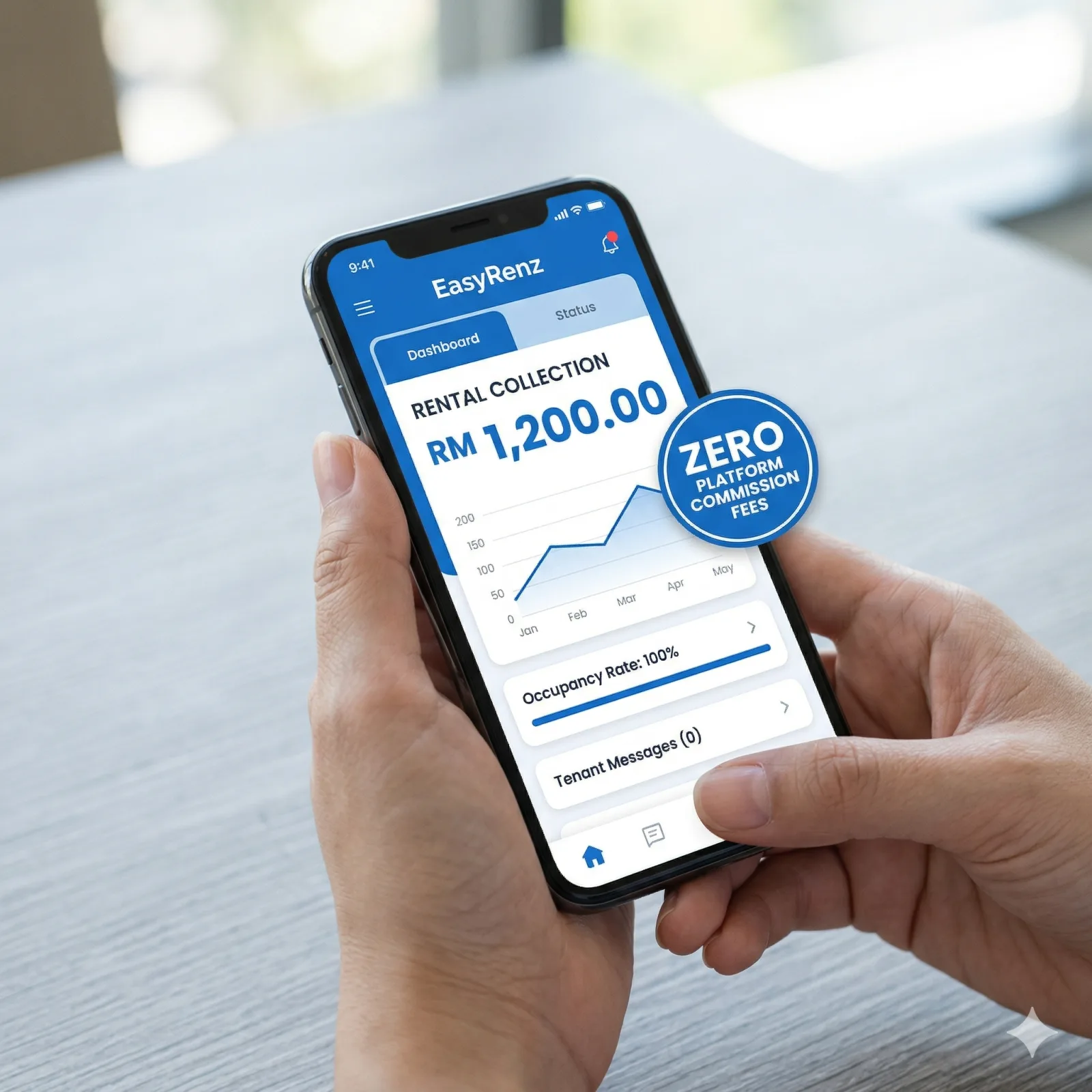 A close-up of a smartphone displaying the pure blue EasyRenz app, showing a high rental collection amount of RM1,200 with 'Zero Platform Commission Fees' clearly visible. The image conveys financial fairness and maximum profit retention. No red or neon colors.