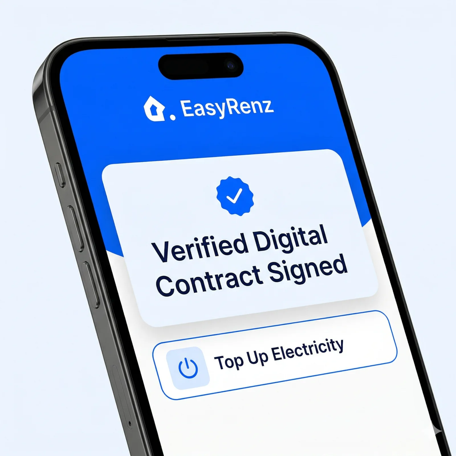 A close-up of a pure blue EasyRenz tenant app interface showing a verified digital contract and a 'Top Up Electricity' button. The image represents a clean, professional start for a new property business. No red or neon colors.