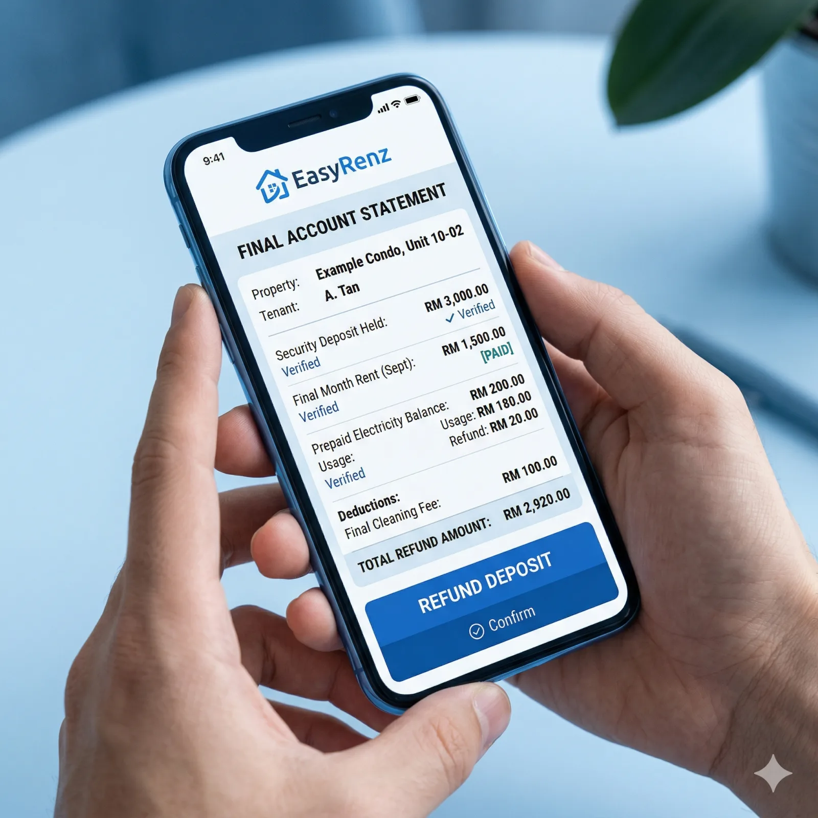 A close-up of a smartphone displaying the pure blue EasyRenz app. The screen shows a 'Final Account Statement' with perfectly calculated numbers and a 'Refund Deposit' button. It conveys clarity, fairness, and modern property management. No red or neon colors. 