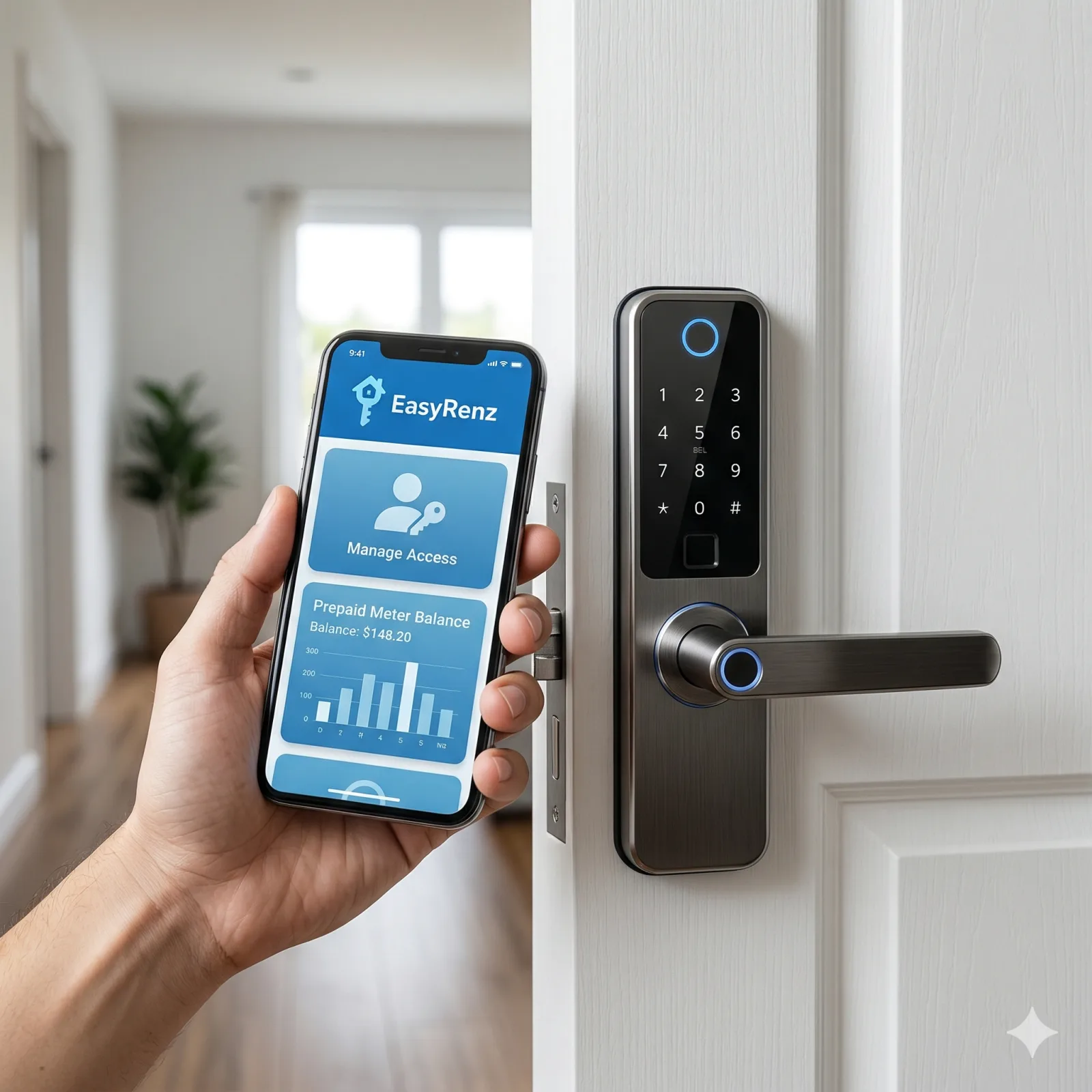 A close-up of a modern digital smart lock on a white door. Next to it, a smartphone shows the pure blue EasyRenz app with options to 'Manage Access' and view the 'Prepaid Meter Balance'. It conveys ultimate physical control and high-tech security. No red or neon colors.