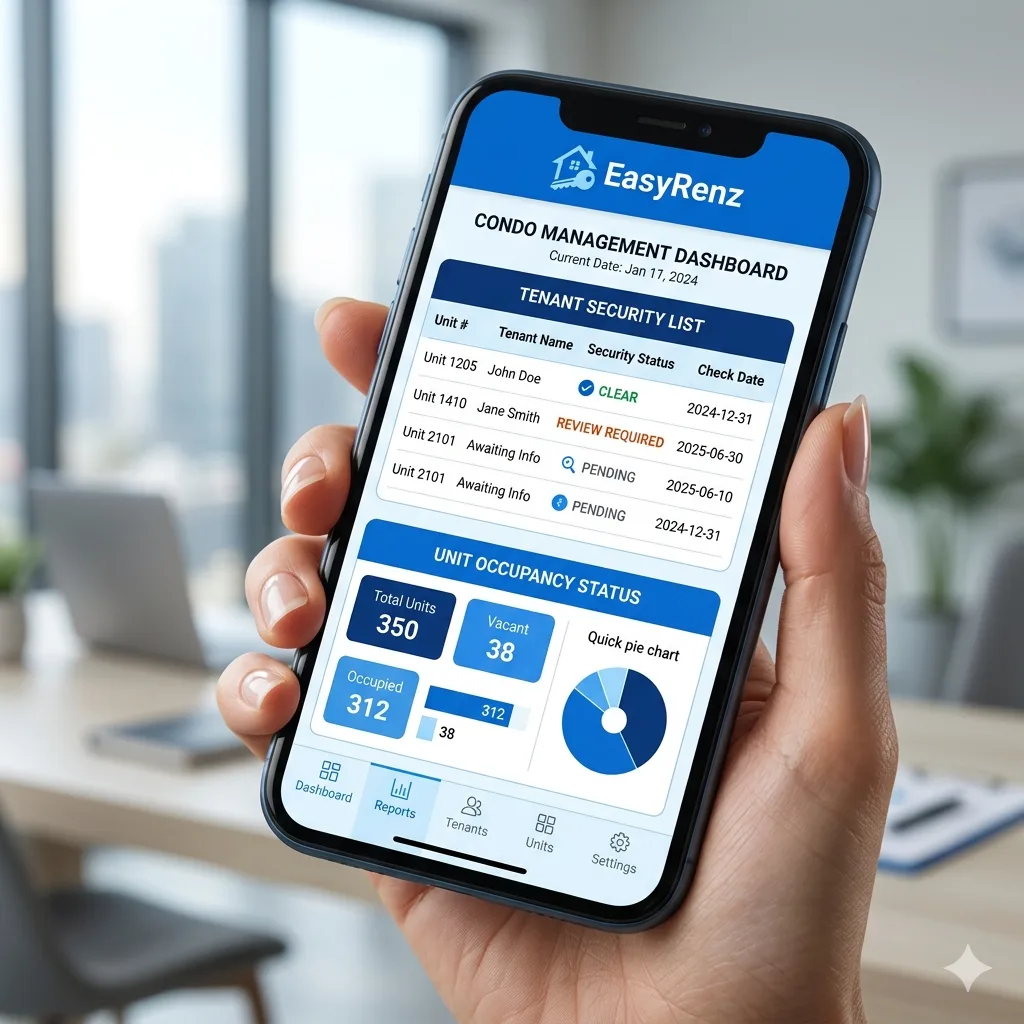 A close-up of a smartphone screen showing the pure blue EasyRenz app. The screen displays a 'Tenant Security List' and 'Unit Occupancy Status', conveying professional management and transparency. No red or neon colors.