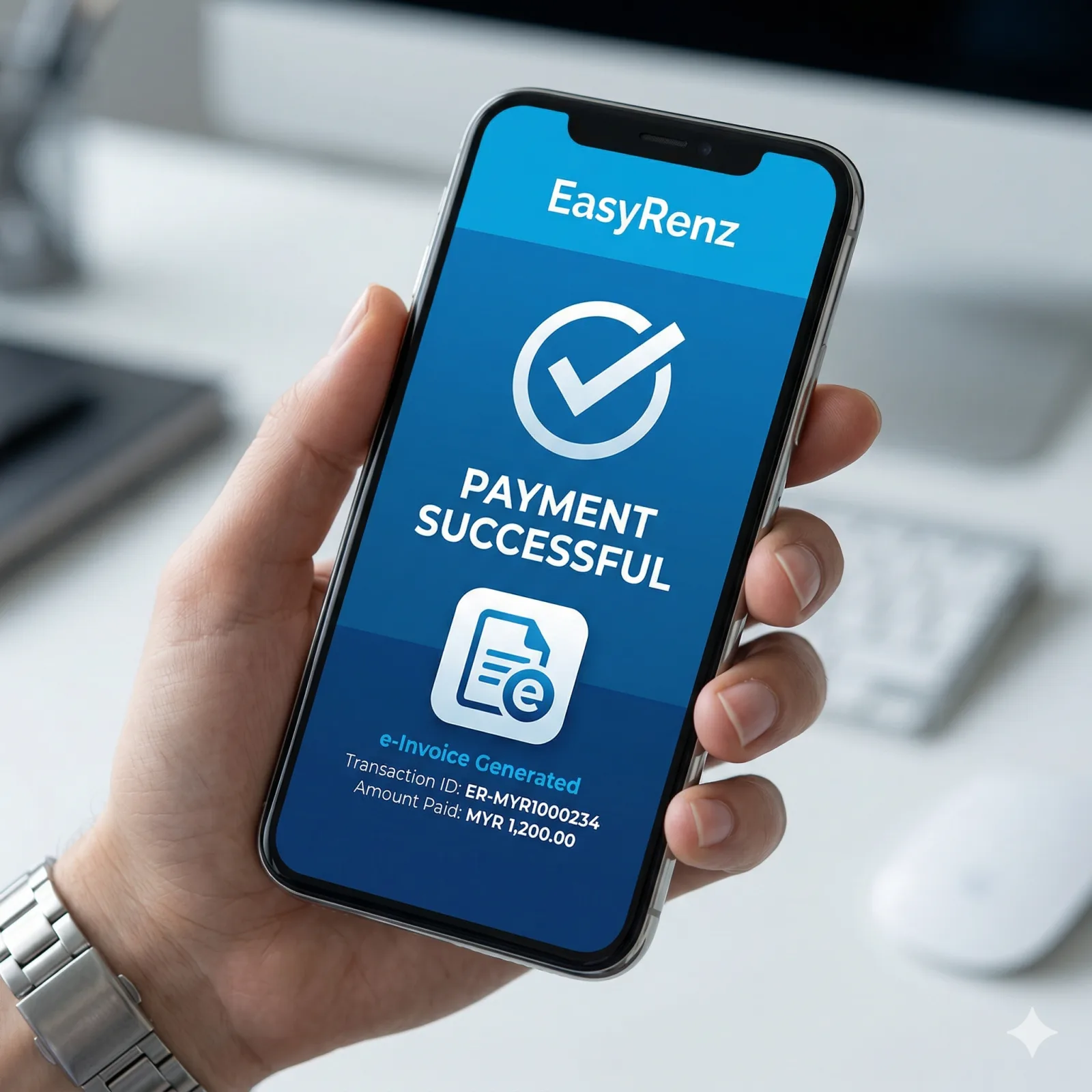 A close-up of a smartphone displaying the pure blue EasyRenz app. The screen shows a 'Payment Success' notification and a digital e-Invoice icon. The image conveys digital security, international trust, and efficiency. No red or neon colors.