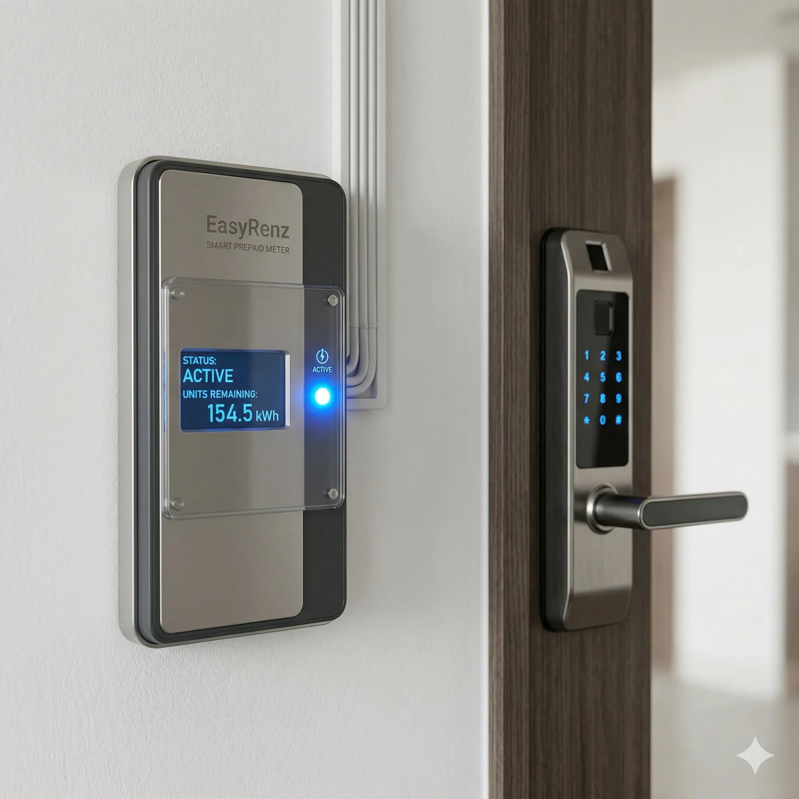 A sleek EasyRenz smart prepaid meter installed elegantly on a wall next to a modern smart lock in a high-end apartment. The pure blue indicator light shows active status. The image conveys fairness, high-tech living, and premium property management. No red or neon colors.