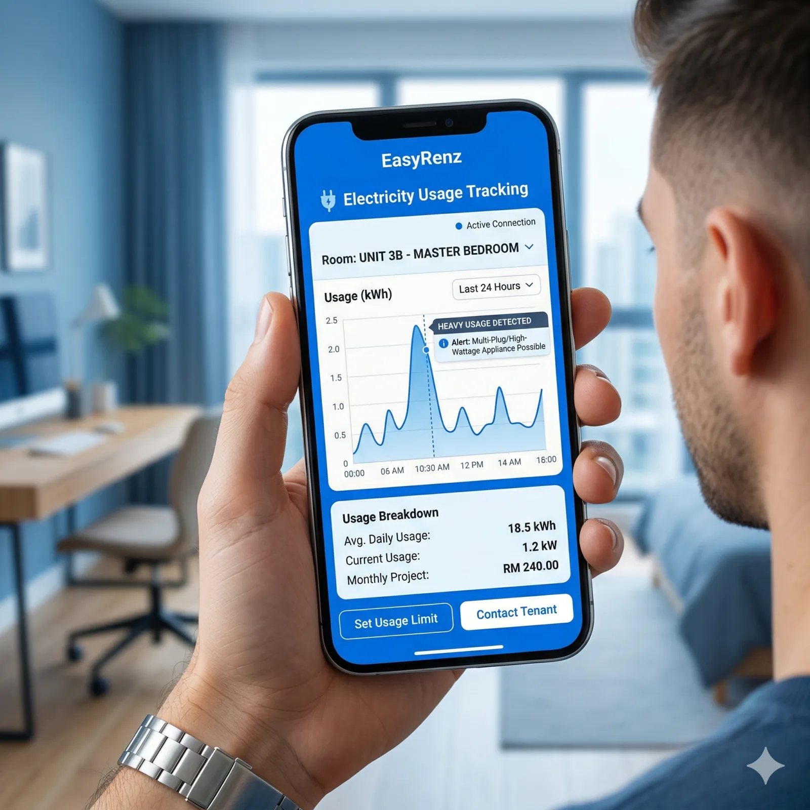 A close-up of a smartphone screen showing the pure blue EasyRenz app. The screen displays an 'Electricity Usage Chart' for a specific room, allowing the landlord to easily monitor heavy usage. The image conveys high-tech monitoring and safety. No red or neon colors.