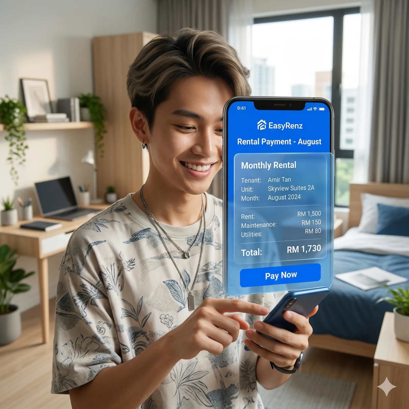 A close-up of a young Malaysian tenant happily using a smartphone with a pure blue EasyRenz app interface, showing a clear, transparent digital rental bill. The background is a clean, modern sublet room.