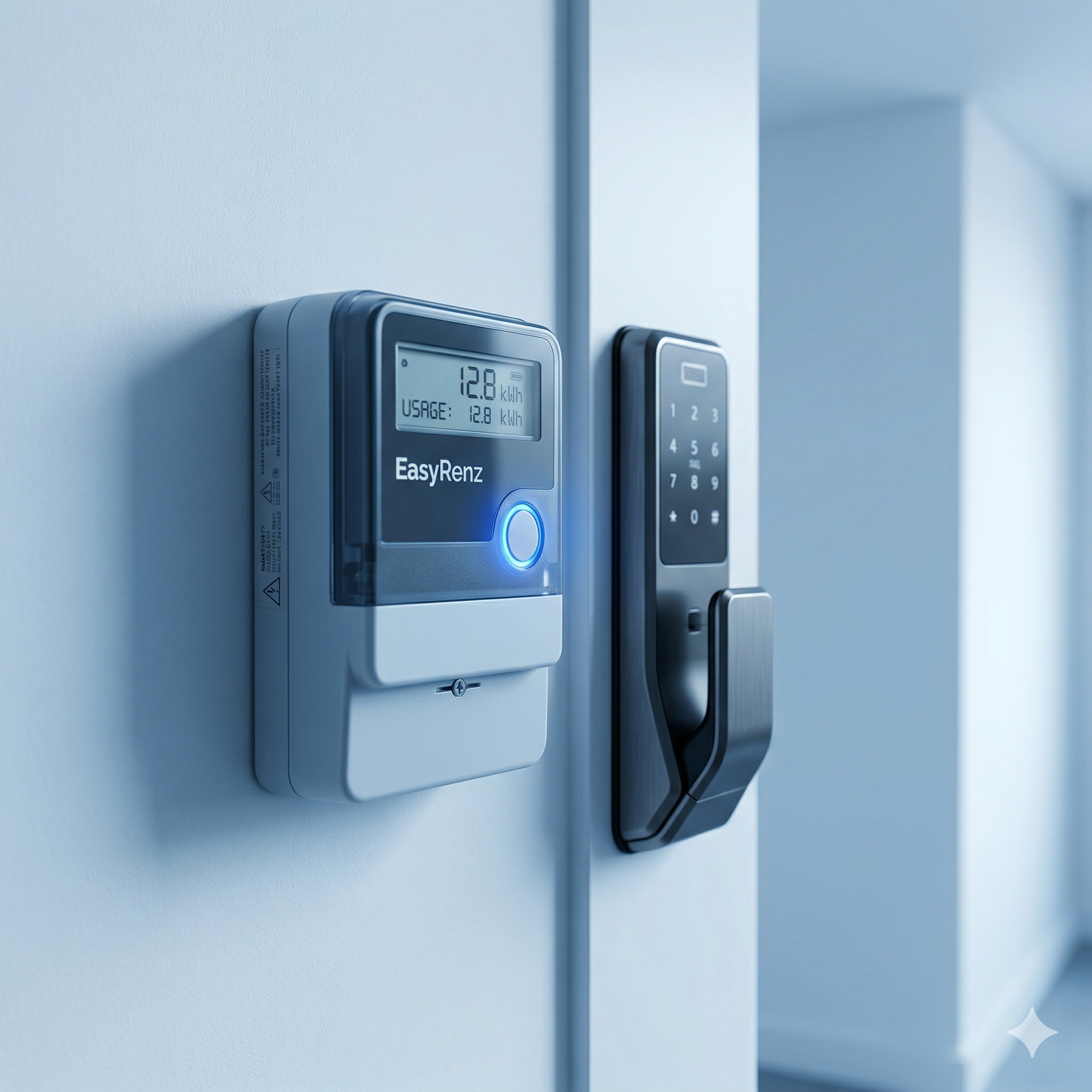 A sleek EasyRenz IoT smart meter glowing with a pure blue indicator light, installed neatly on a wall next to a digital lock. The image represents the physical 'muscle' and security that landlords gain when upgrading from software-only solutions.