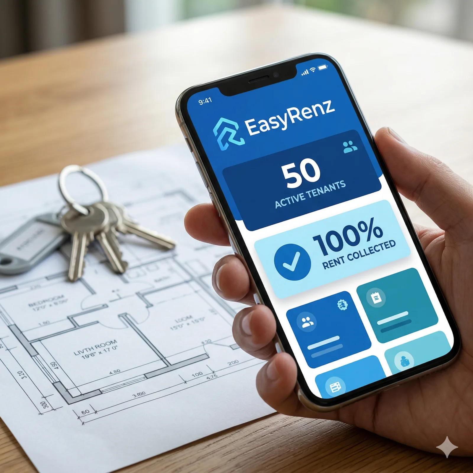 p of a smartphone screen showing the EasyRenz pure blue dashboard. The screen displays '50 Active Tenants' and '100% Rent Collected'. The background shows a set of keys and a property floor plan, representing successful scaling and expansion.