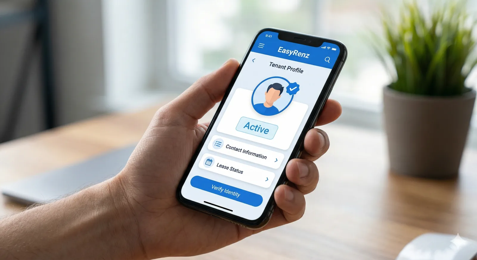 A close-up of a smartphone displaying the clean, pure blue EasyRenz tenant app interface, showing a verified tenant profile and active digital billing status. It conveys trust, modern management, and legal safety.
