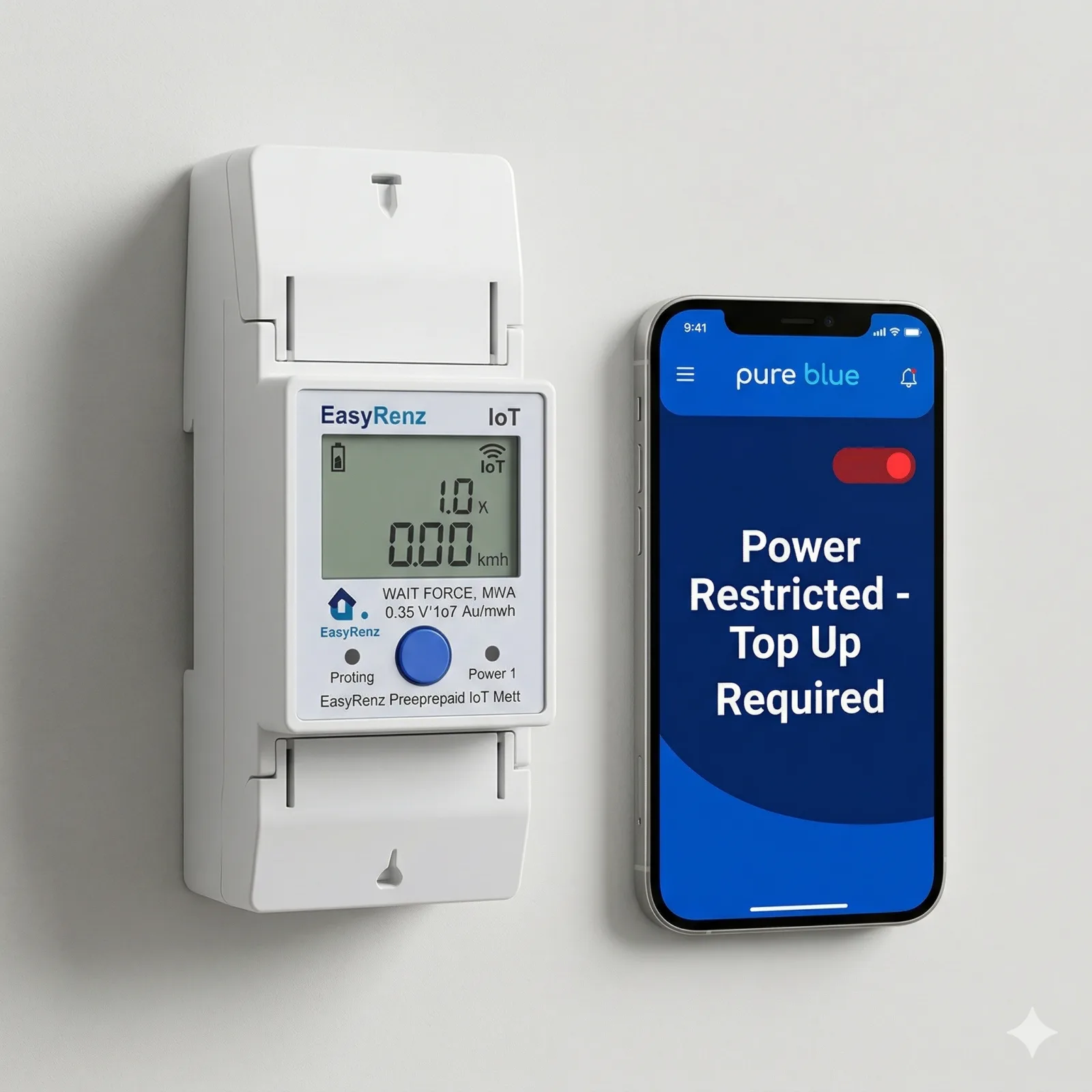 A close-up of a sleek EasyRenz IoT smart prepaid meter installed cleanly on a wall. A smartphone next to it displays a pure blue app interface showing 'Power Restricted - Top Up Required'. The image conveys physical security and automated rule enforcement.