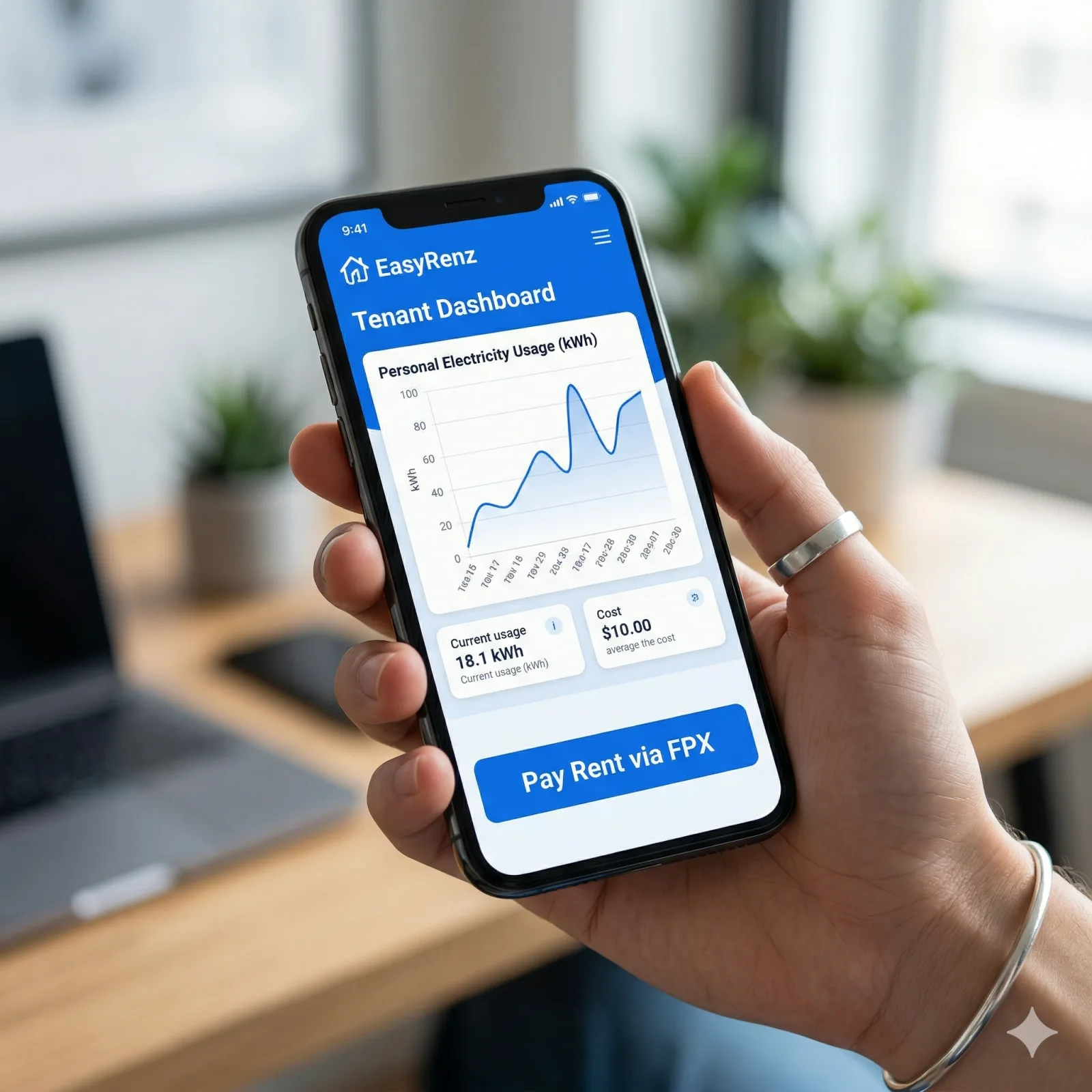 A close-up of a young person's hand holding a smartphone, displaying the pure blue EasyRenz tenant app. The screen clearly shows their personal electricity usage and a simple 'Pay Rent' button, showing transparency and ease of use. No red or neon colors.