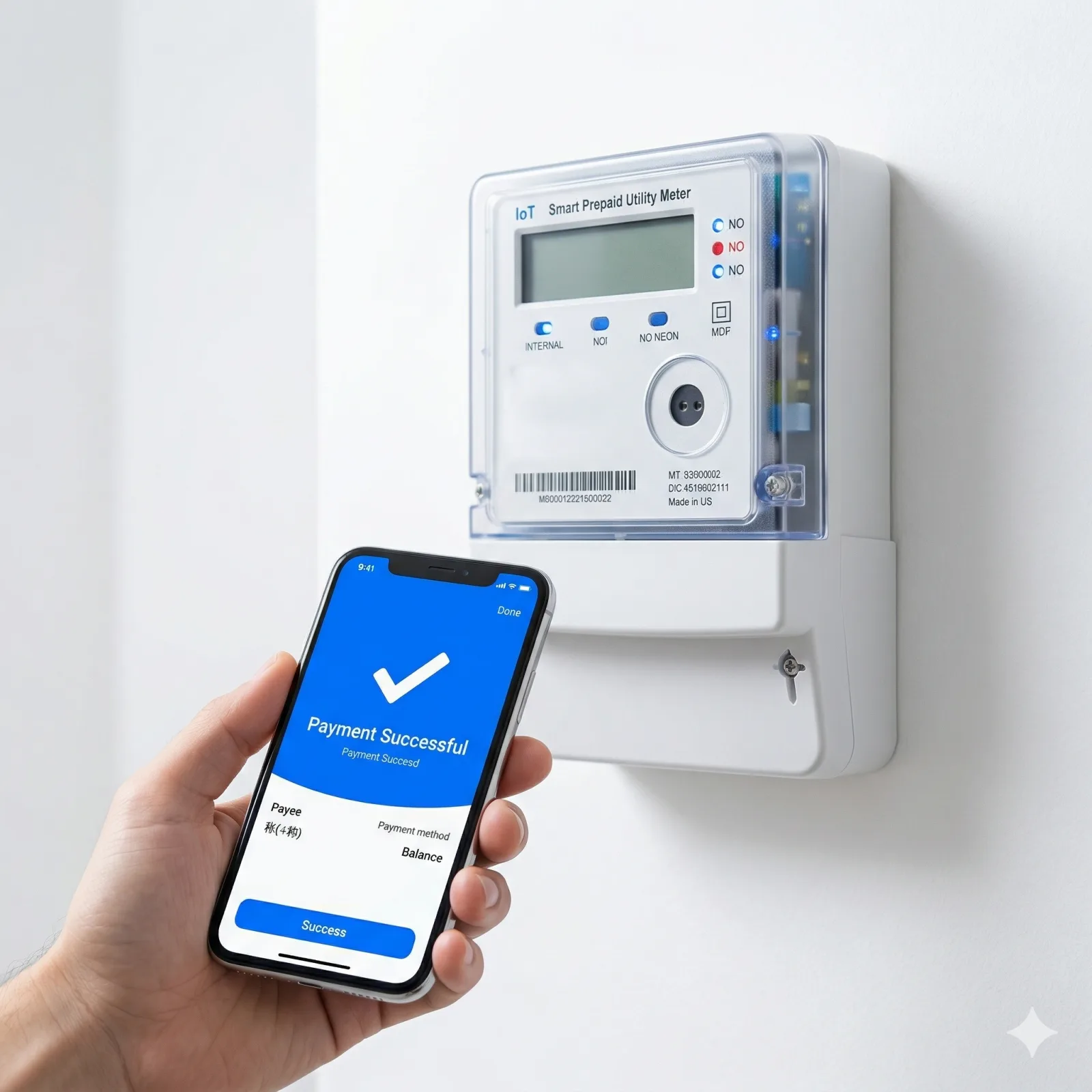A close-up of a modern EasyRenz IoT smart prepaid meter on a white wall. A hand holds a smartphone showing a blue payment success screen, representing easy automated rent collection.