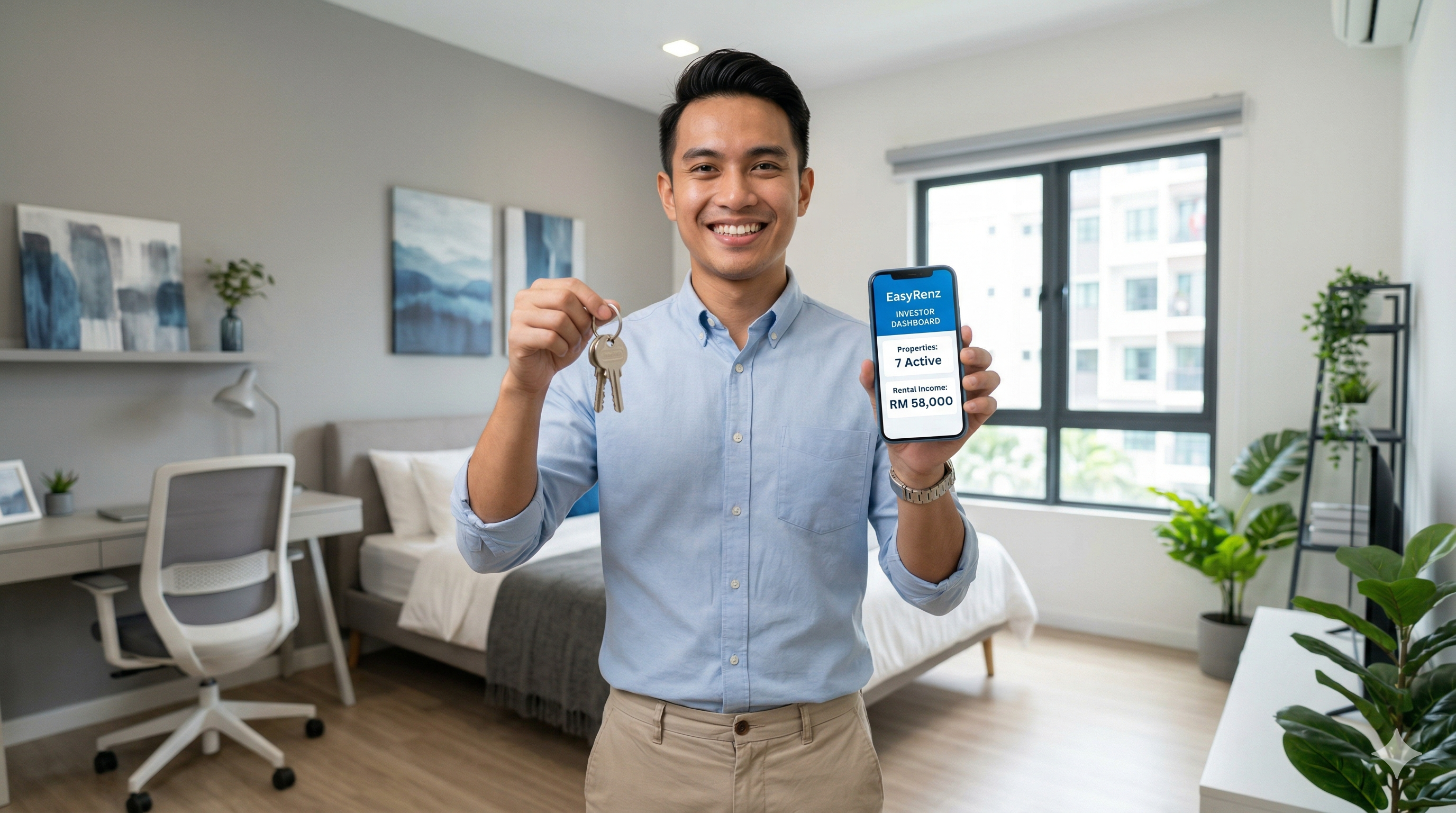 A young, ambitious Malaysian property investor smiling while holding a set of house keys and looking at the EasyRenz property management app on a smartphone. The background shows a clean, newly renovated sublet room.