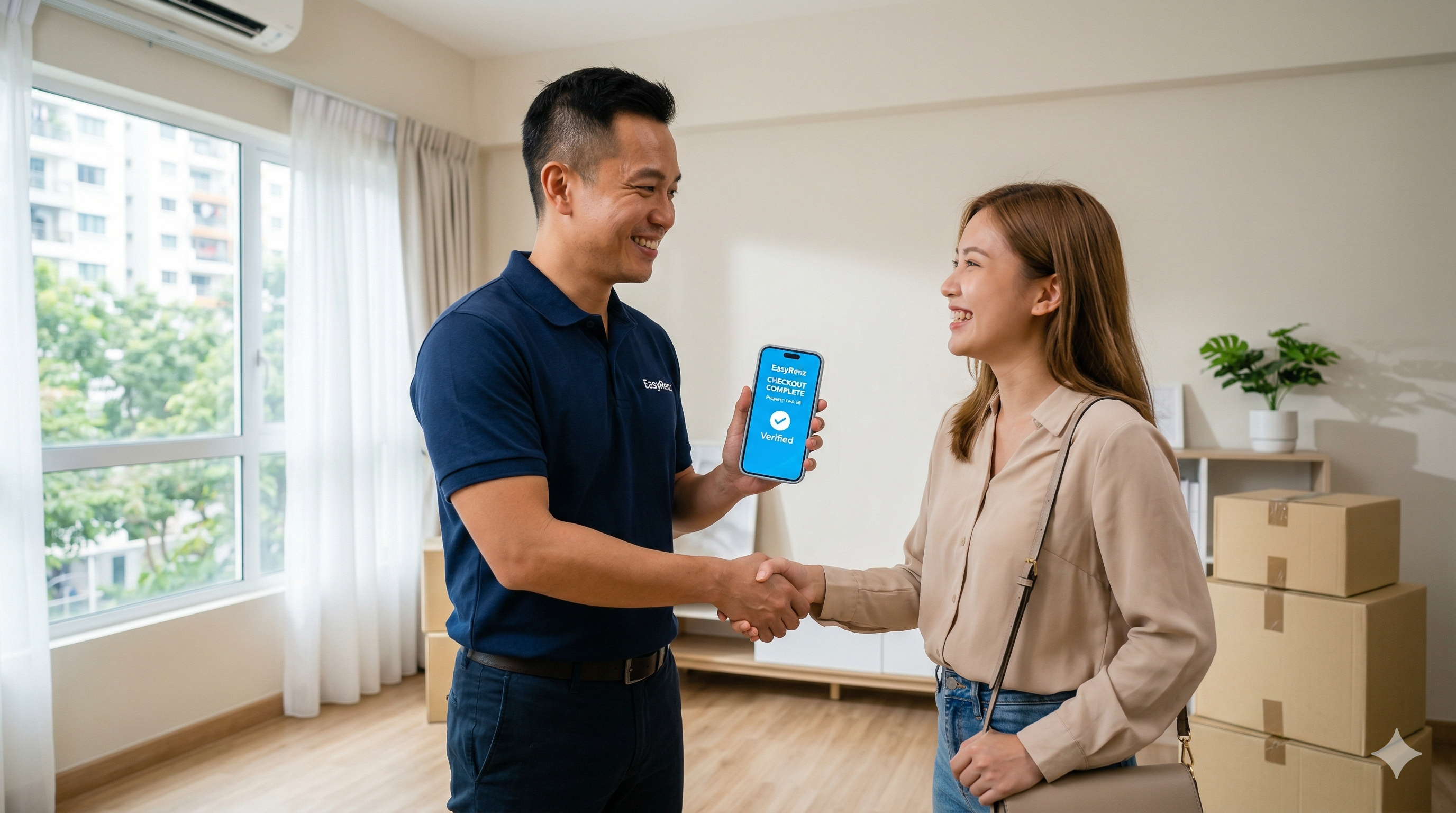 A smiling Malaysian landlord shaking hands with a happy tenant who is moving out. The landlord is holding a smartphone showing a pure blue digital checkout screen, representing a smooth, conflict-free deposit refund process.