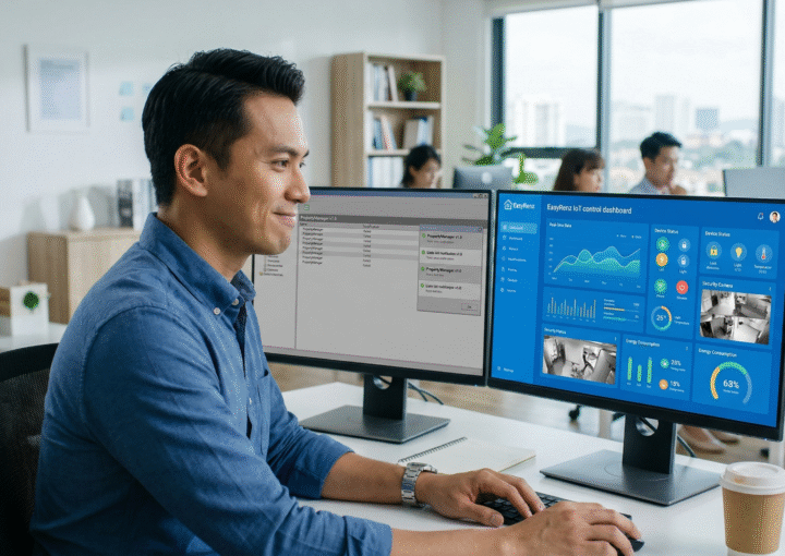 A focused Malaysian landlord sitting in a modern office, comparing two systems on dual monitors. The screen on the right glows in a trustworthy pure blue, showing an EasyRenz IoT control dashboard. The image conveys the realization of upgrading from basic software to a real hardware-backed system.