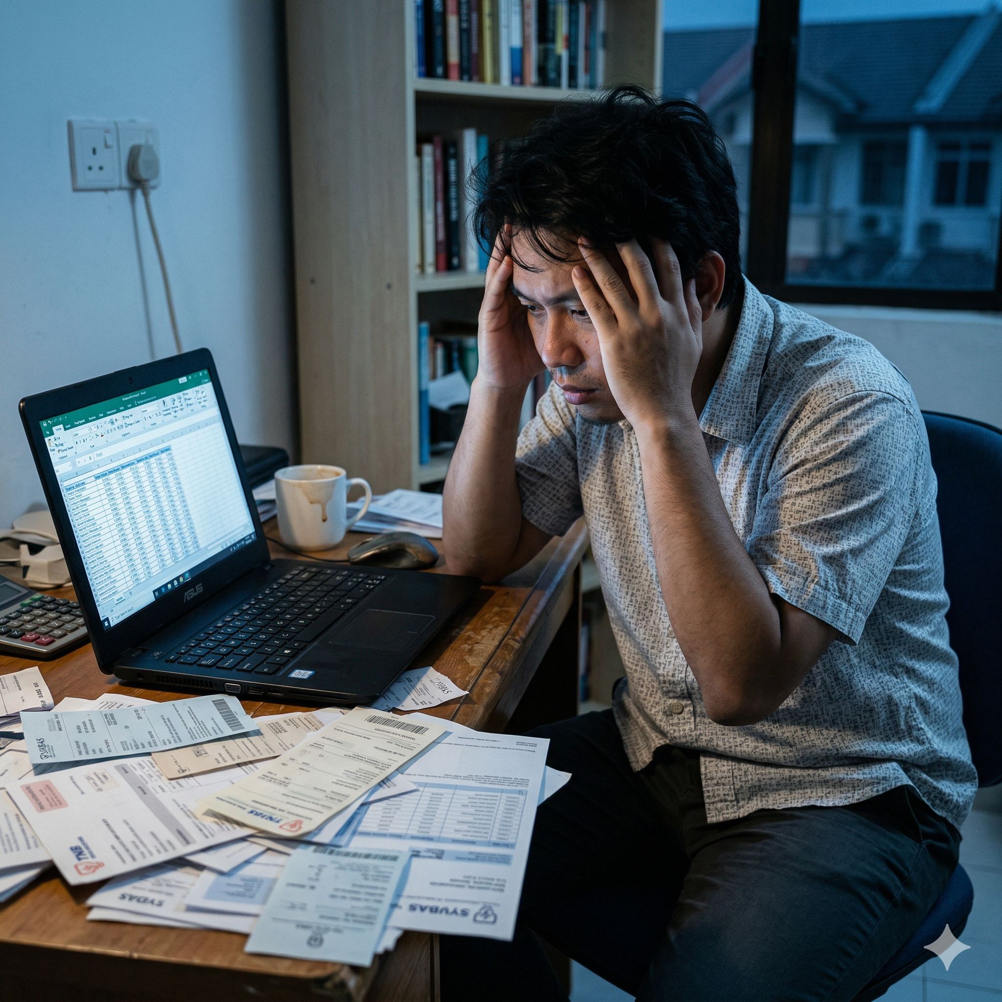  A stressed Malaysian man sitting at a desk with paper bills, looking at an Excel spreadsheet on his laptop. He is holding his head, showing the stress of manual property management.