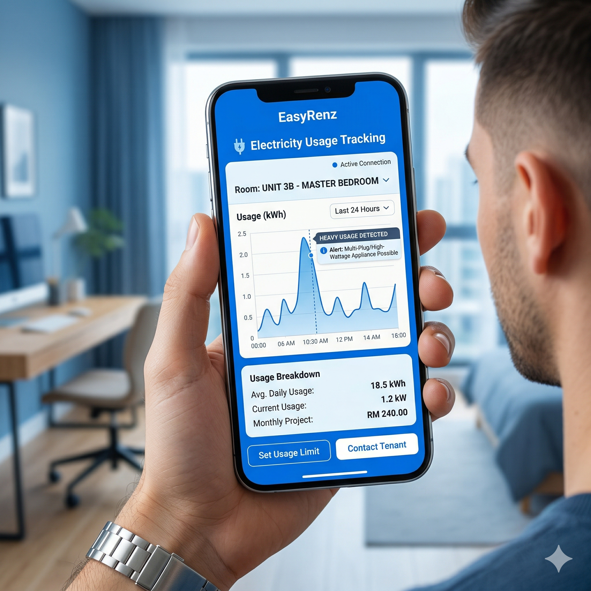 A close-up of a smartphone screen showing the pure blue EasyRenz app. The screen displays an 'Electricity Usage Chart' for a specific room, allowing the landlord to easily monitor heavy usage. The image conveys high-tech monitoring and safety. No red or neon colors.