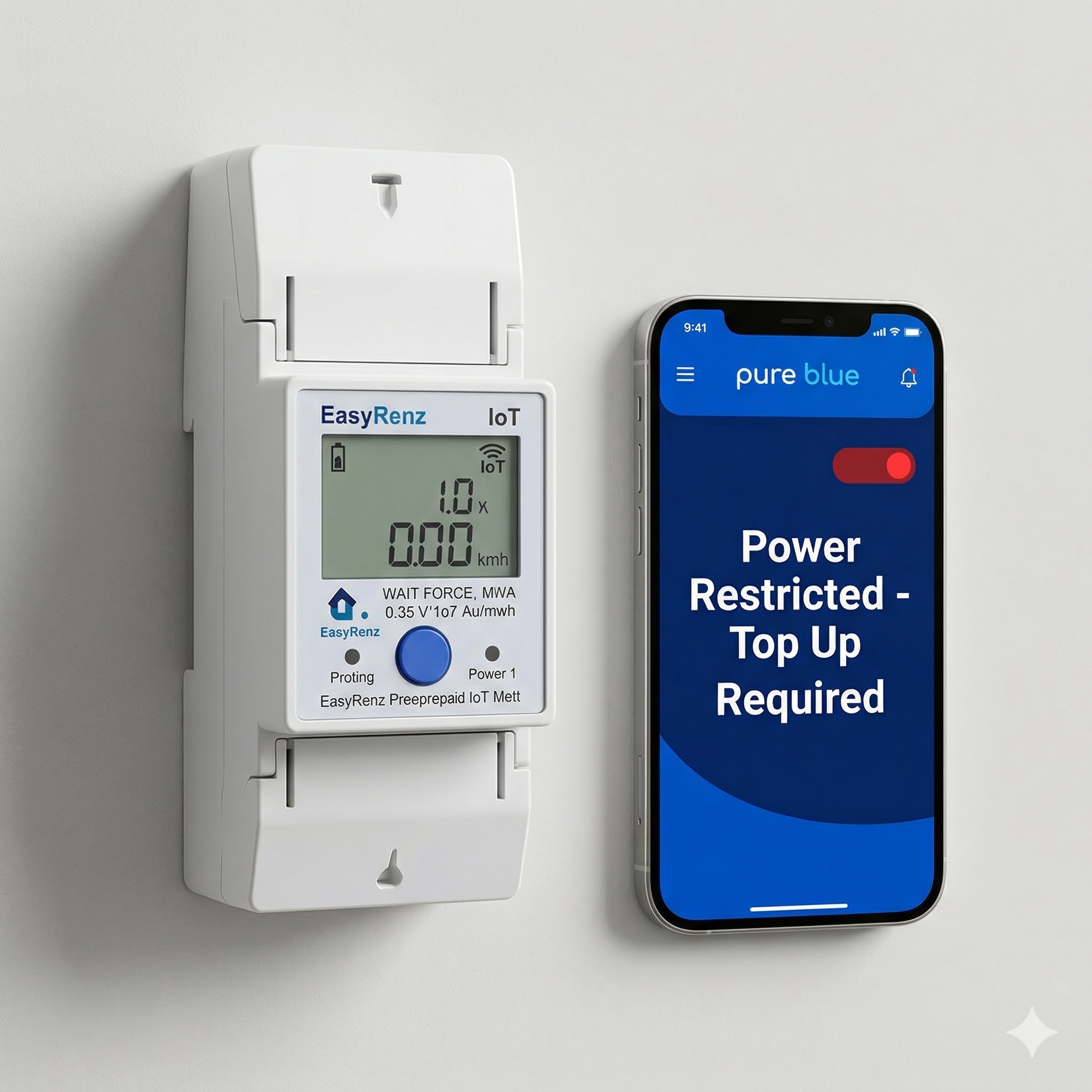 A close-up of a sleek EasyRenz IoT smart prepaid meter installed cleanly on a wall. A smartphone next to it displays a pure blue app interface showing 'Power Restricted - Top Up Required'. The image conveys physical security and automated rule enforcement.